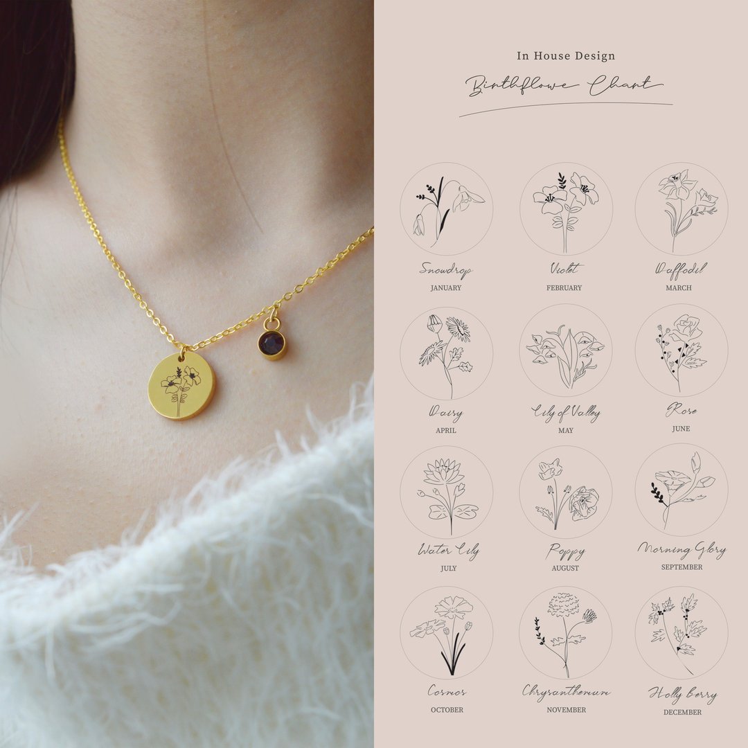 Birth Flower Necklace Personalized Jewelry Gifts for Her with Birthstone Charm - 项链 - 不锈钢 金色