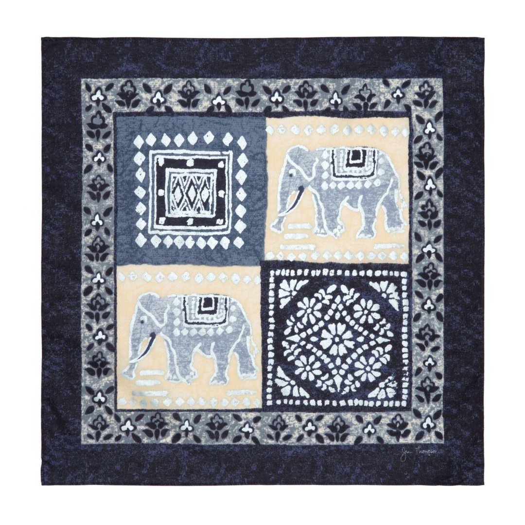 泰国 方巾 Metallic Floral Elephants Cotton Napkin - Navy - 手帕/方巾 - 棉 蓝色