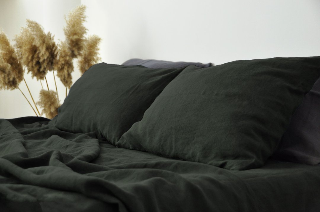 Charcoal green linen sheet set / Flat+fitted sheet+2 pillowcases / Green bedding - 寝具 - 亚麻 绿色