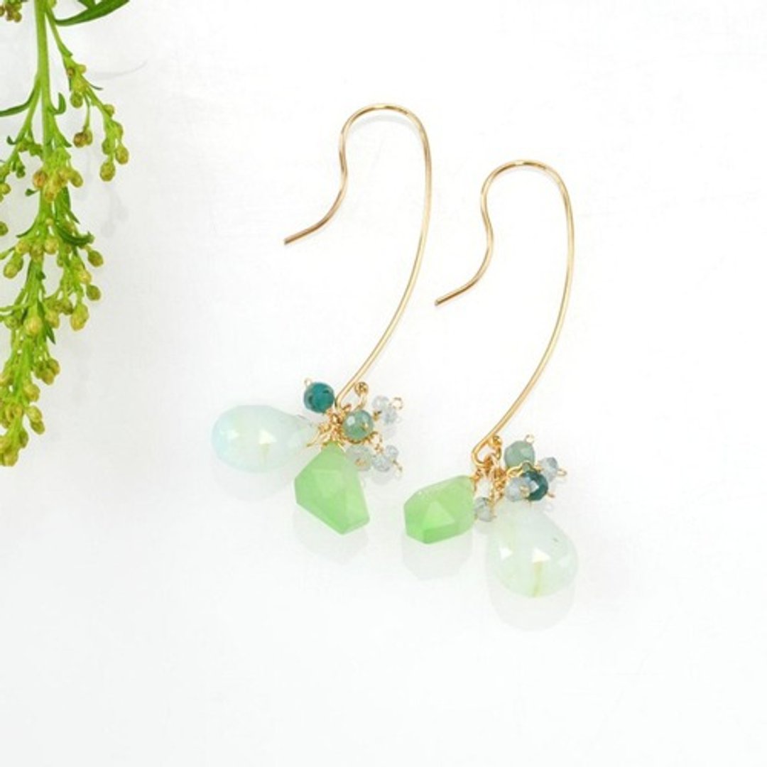 14kgf/serpentine x blue opal long hook earrings - 耳环/耳夹 - 宝石 