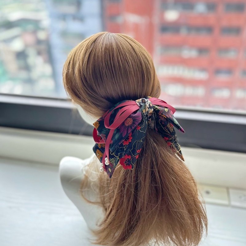 棉布蝴蝶结蕾丝鲨鱼夹抓夹相交夹发夹发饰头饰-大花黑红色 - 发饰 - 其他材质 黑色