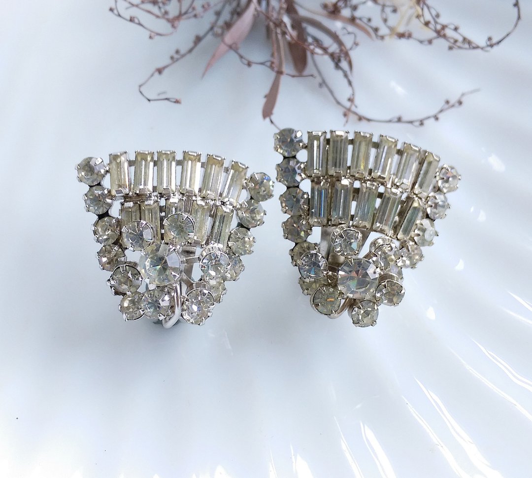 Vintage Jewelry  ART DECO 立体放射 莱茵 大耳环 夹式耳环 - 耳环/耳夹 - 其他材质 金色