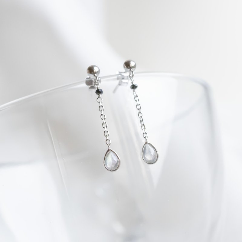 拉长石925纯银水滴宝石黑尖晶果实耳环 - 耳环/耳夹 - 宝石 银色