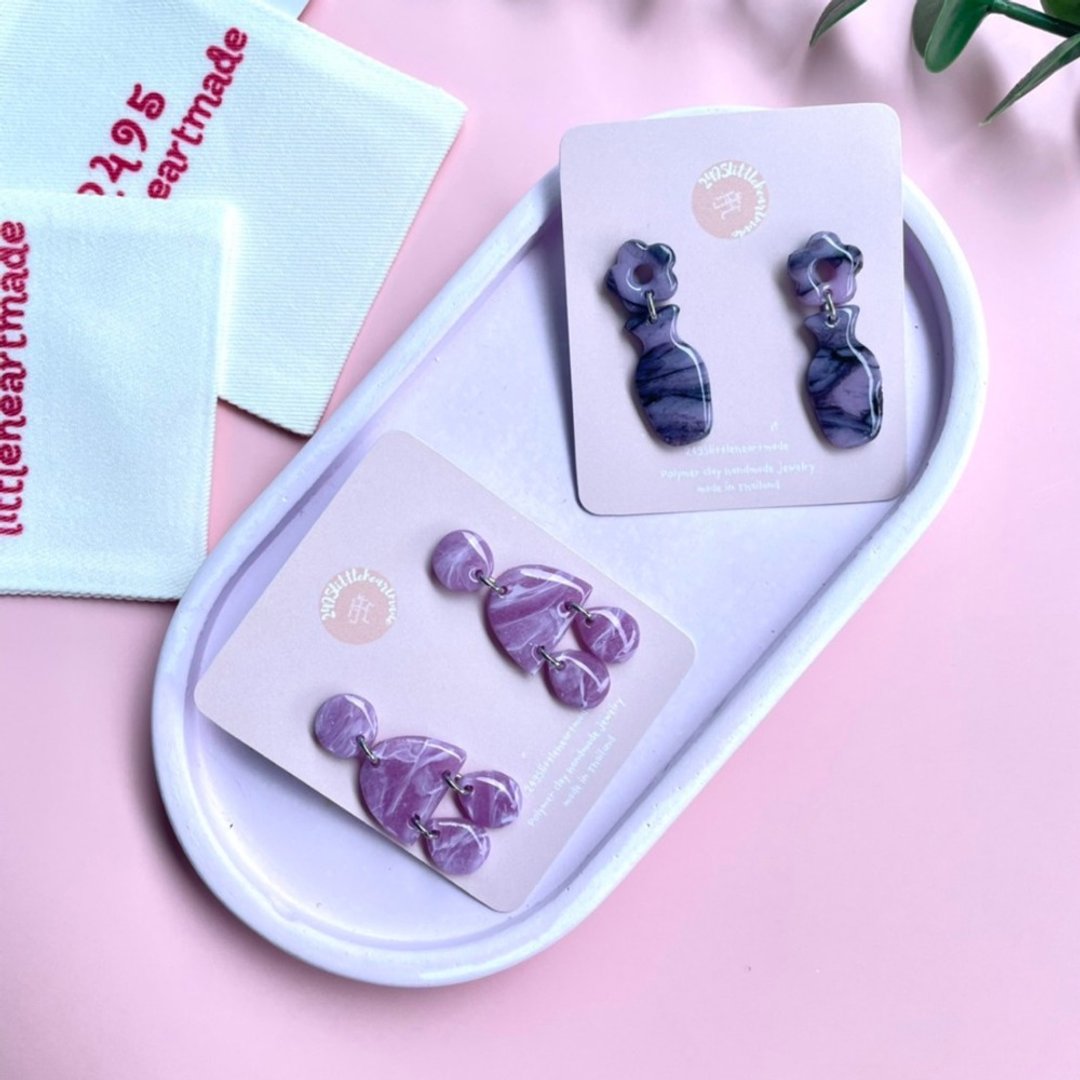 SALE Purple Marble collection polymer clay earrings - 耳环/耳夹 - 粘土 紫色