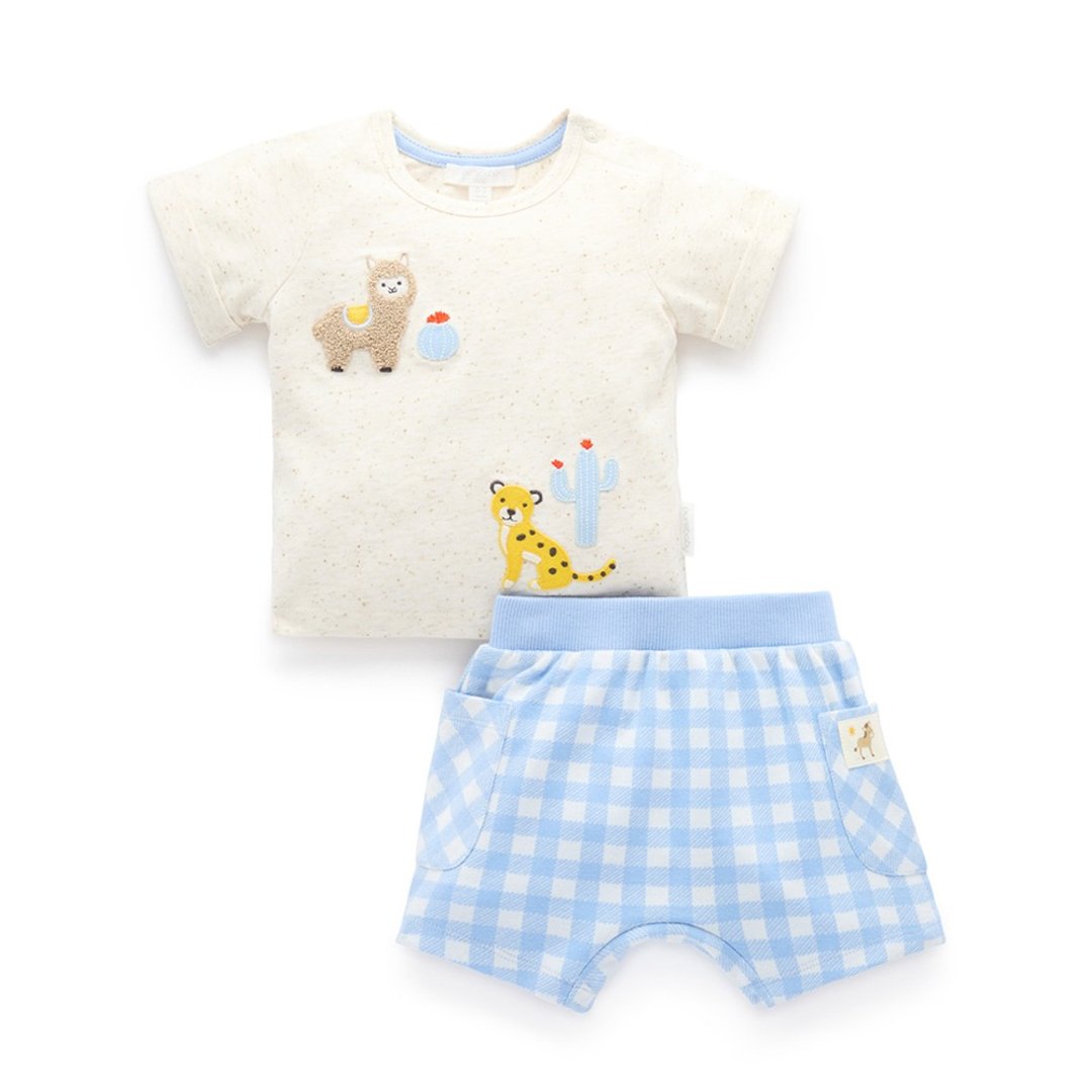 澳洲 Purebaby 有机棉婴童短上衣裤套装 6M-2T 白 T 蓝格 - 童装上衣 - 棉 