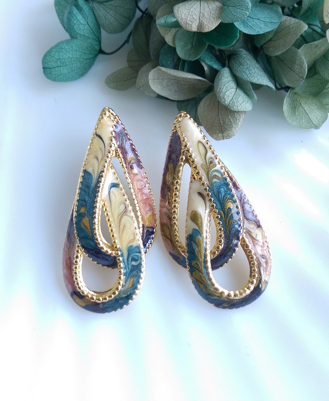 Vintage Jewelry 西洋古董饰品 复古 粉彩拉丝色彩 针式耳环 - 耳环/耳夹 - 其他金属 透明