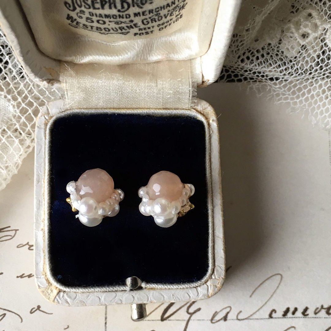 14kgf Orange Moonstone and Freshwater Keshi Pearl Petit Collage Earrings OR Brass Painless Ear Clip - 耳环/耳夹 - 宝石 橘色
