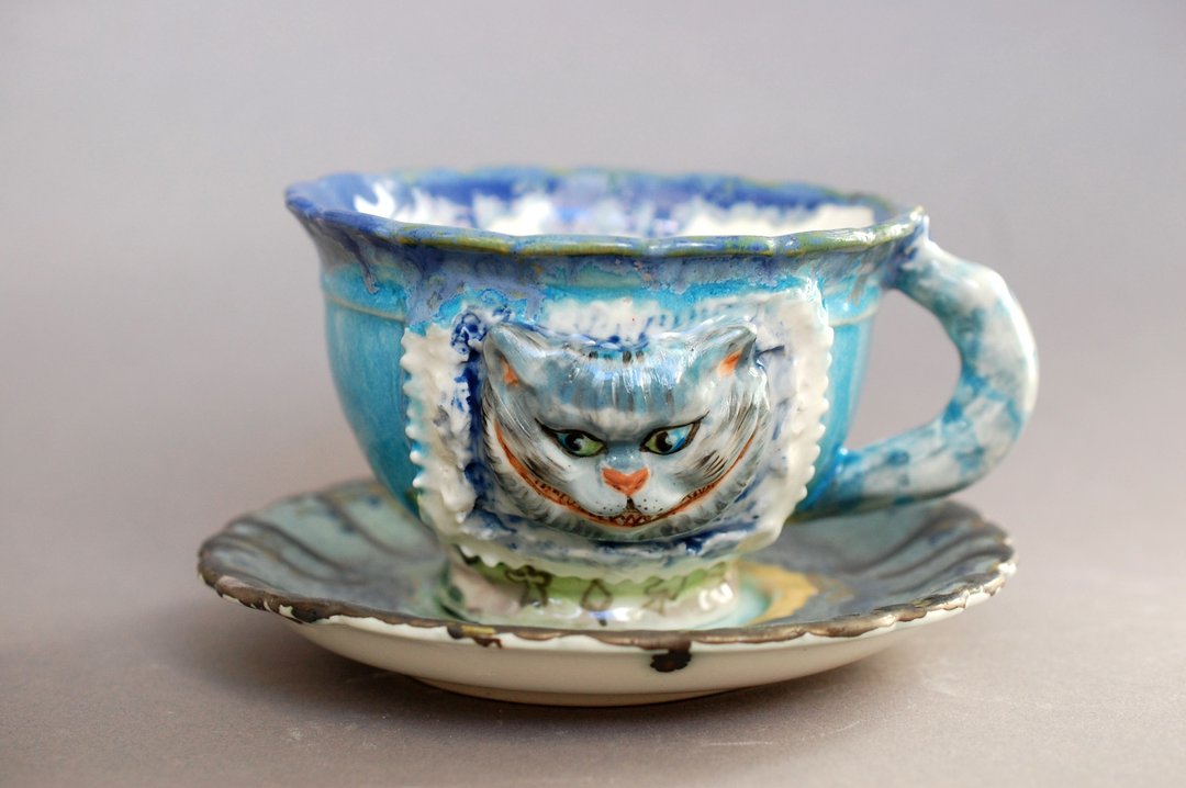 Cheshire cat smile Cup and saucer set Alice in Wonderland art mug Mult - 其他杯子 - 陶 多色