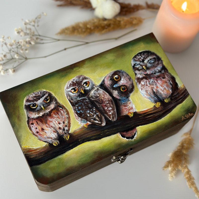 手绘木盒 猫头鹰收纳盒 珠宝盒 鸟类画作 猫头鹰摆饰 - 收纳用品 - 木头 咖啡色