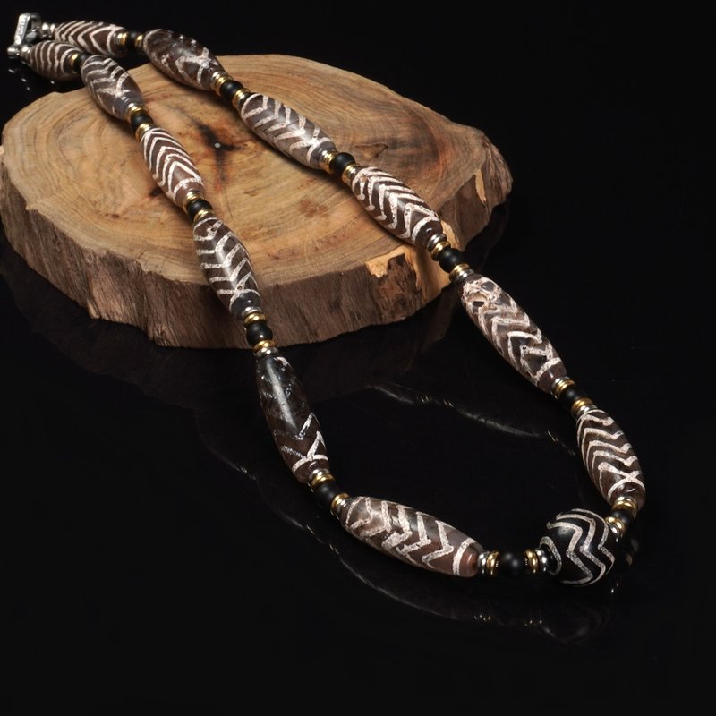 缅甸3线彩虹圆珠.虎纹古珠颈链(长度61厘米) - 长链 - 其他材质 