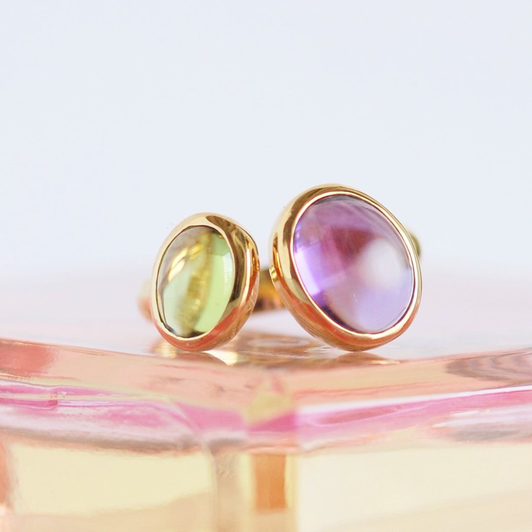 Amethyst/Peridot double stone ring [Made-to-order] - 戒指 - 半宝石 紫色