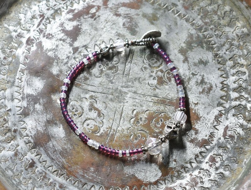 古董极光捷克琉璃珠、醋栗珠、卡伦银饰、紫罗兰色法国古董琉璃珠手链 - 手链/手环 - 玻璃 紫色