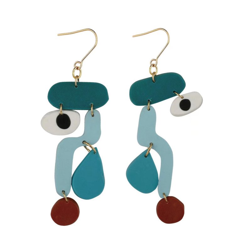 幾何抽象臉2 原創設計小眾誇張時尚藝術手工製耳飾 - 耳环/耳夹 - 陶 蓝色