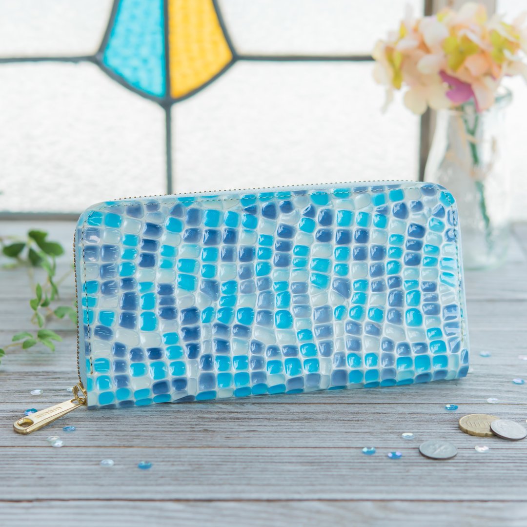 Made in Japan Cowhide Stained Glass Colored Candied Fruit Sugar Fruit Tenai Brackish Water made in JAPAN handmade leather wallet - 皮夹/钱包 - 真皮 蓝色