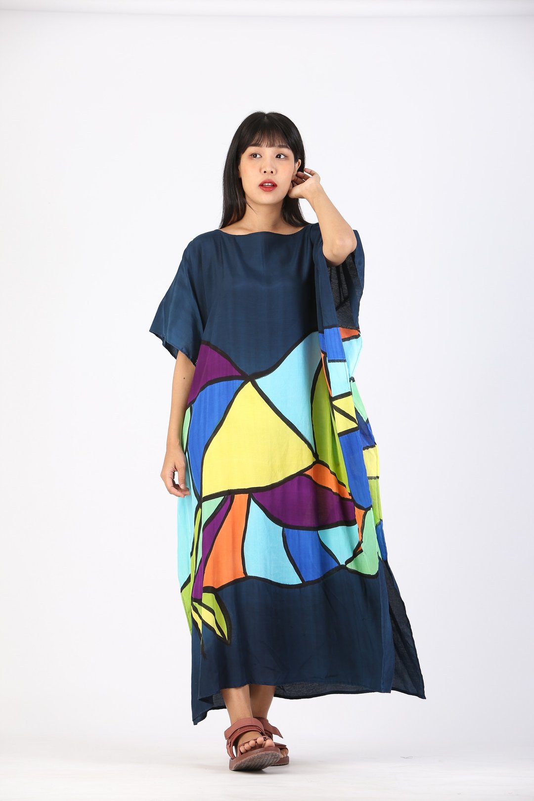 Hand Painted Cotton Silk Kaftan for Summer Resort Vacation - 洋装/连衣裙 - 棉 蓝色