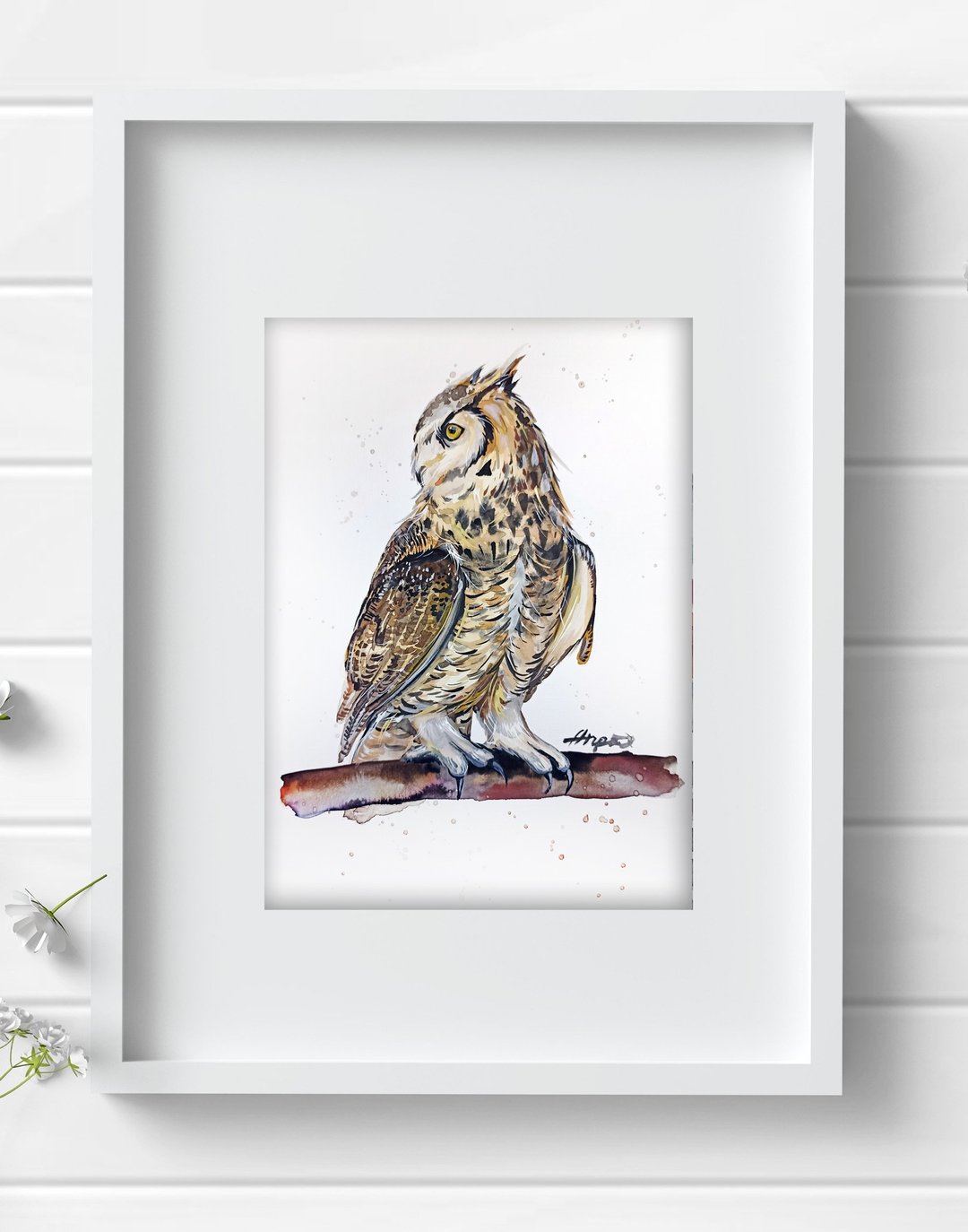 Watercolor original art owl bird room decor painting by Anne Gorywine - 墙贴/壁贴 - 纸 白色