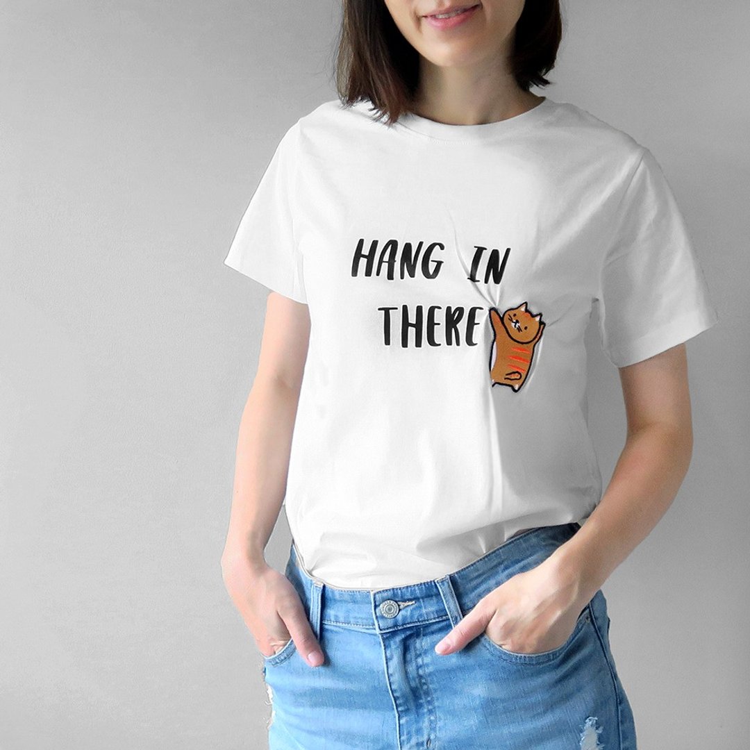 Hang in There - T恤  猫 - 男装上衣/T 恤 - 棉 白色
