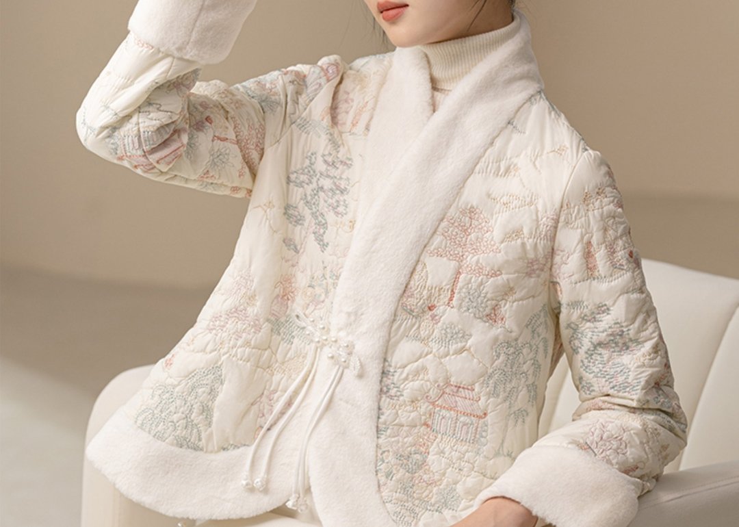 新中式 冬季棉服加厚中国风刺绣拼毛气质交领棉衣外套 - 女装上衣 - 羊毛 白色