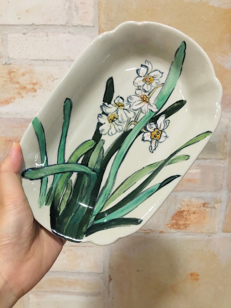 陶瓷 纯手工绘制盘 花卉系列 水仙 高温烧制 水墨风作品 仅此一件 - 盘子/餐盘/盘架 - 瓷 绿色