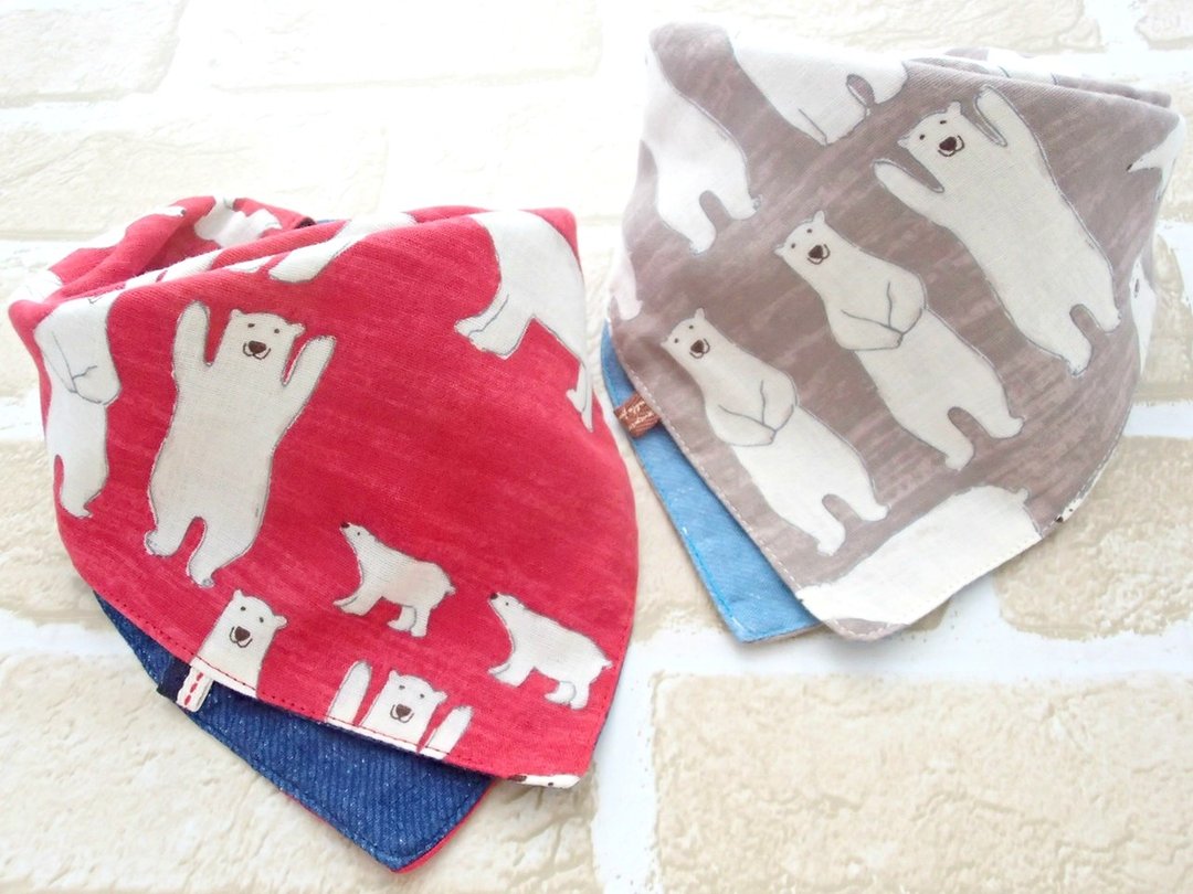 Set of 2, Saliva Towel, Japanese Double Gauze Cotton, Polar Bears - 围嘴/口水巾 - 棉．麻 红色