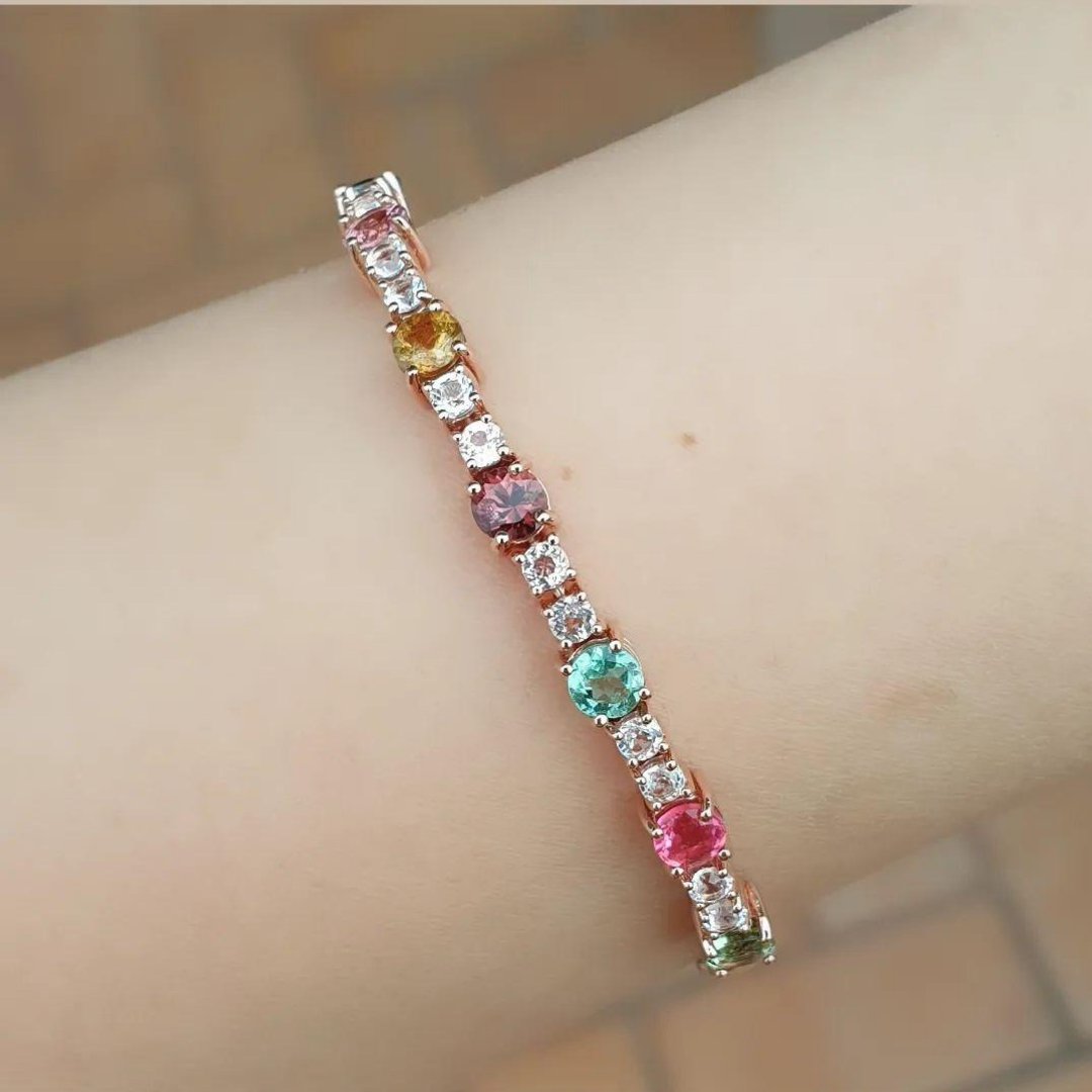 Multi-color Tourmaline bracelet decorated with white topaz gemstone 925 Silver - 手链/手环 - 宝石 多色