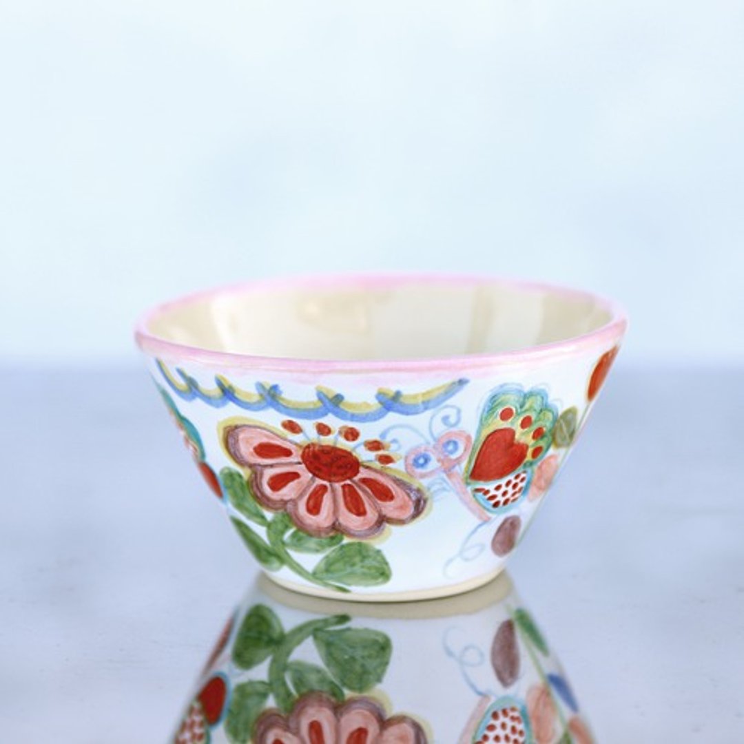 Rice bowl with flowers and butterflies (pink border) - 碗 - 陶 