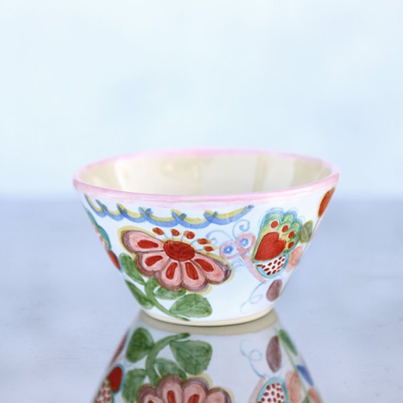 Rice bowl with flowers and butterflies (pink border) - 碗 - 陶 