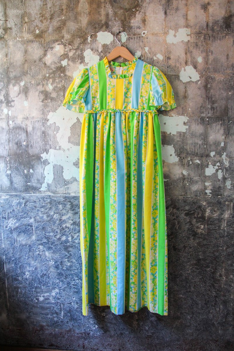 袅袅百货公司-Vintage 黄绿蓝相间花朵棉质短袖洋装 复古着 - 洋装/连衣裙 - 棉．麻 