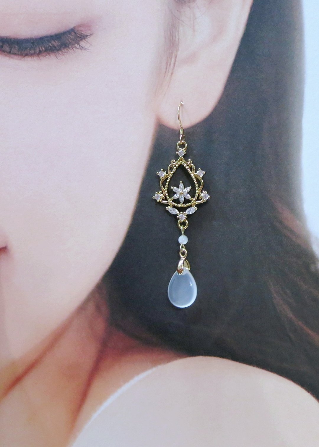 锆石花环玛瑙耳环/美国 14K 包金防敏耳勾/可改耳夹 - 耳环/耳夹 - 玉石 