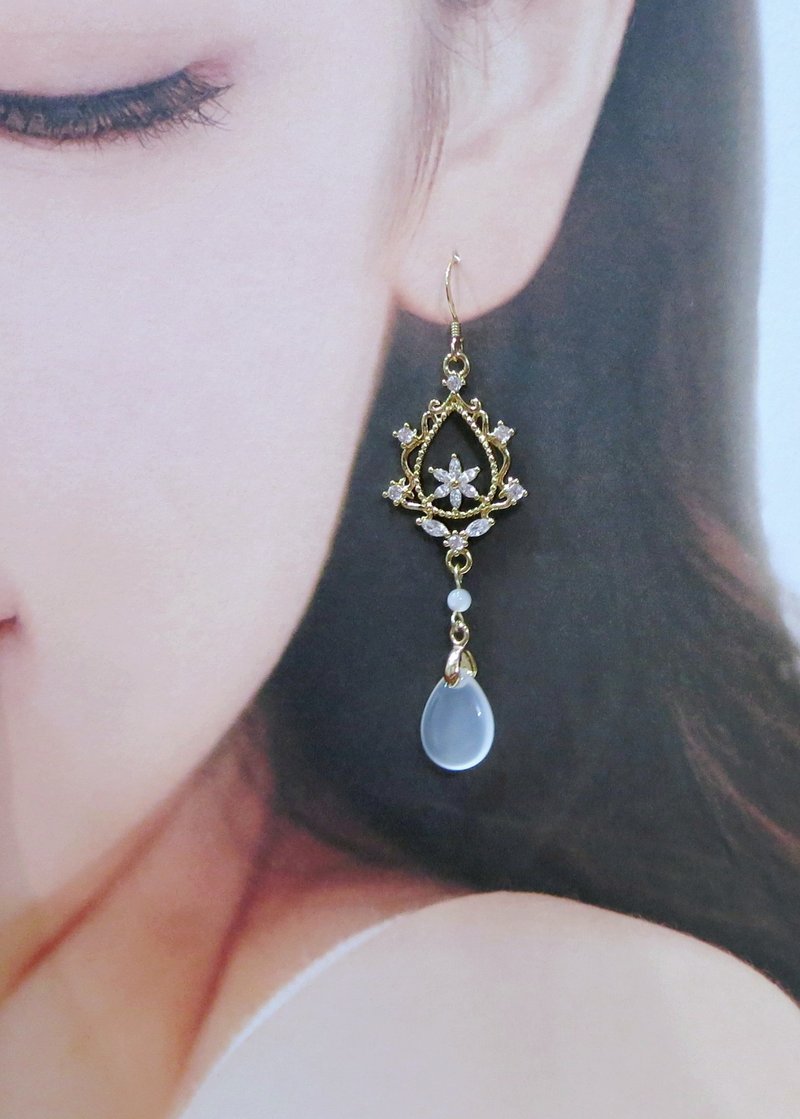 锆石花环玛瑙耳环/美国 14K 包金防敏耳勾/可改耳夹 - 耳环/耳夹 - 玉石 