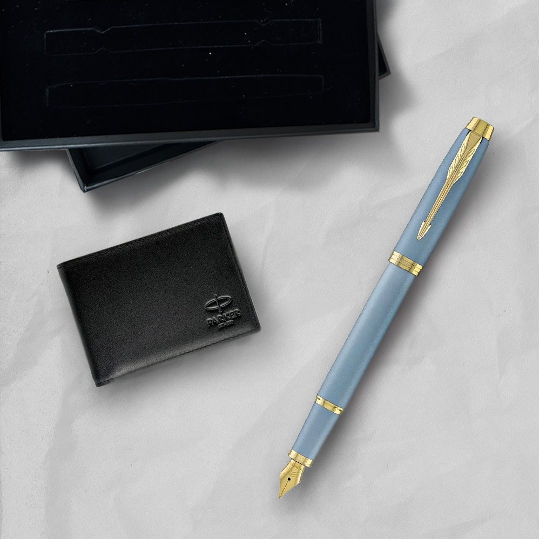 PARKER 派克 新IM金属系列 水漾蓝 钢笔 牛皮短夹礼盒 免费刻字 - 钢笔 - 其他材质 蓝色