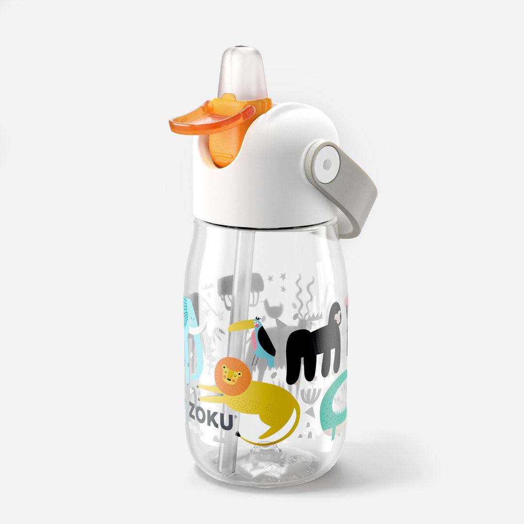 ZOKU 儿童饮管水樽 400ml - 白色野生动物之旅 附饮管清洁刷头 - 水瓶/水壶 - 硅胶 白色