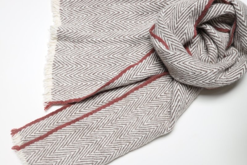 【情人节礼物】喀什米尔山羊绒人字纹灰色配酒红边流苏围巾快速出 - 围巾/披肩 - 羊毛 灰色