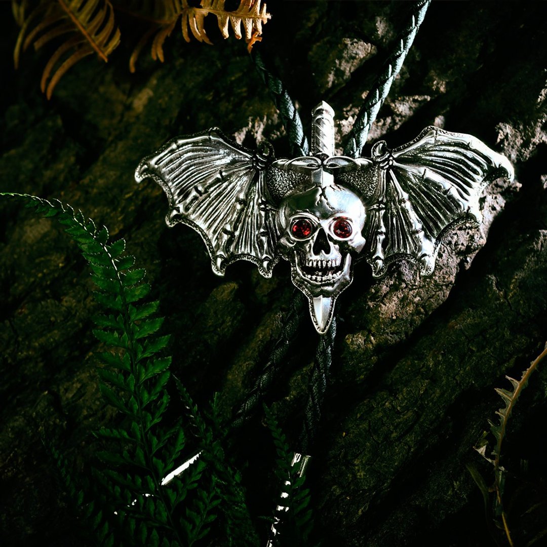 骷髅魔剑 保罗领带 Bolo Tie 皮革项链 皮绳领带 领绳领带 骷髅头 - 领带/领带夹 - 人造皮革 银色