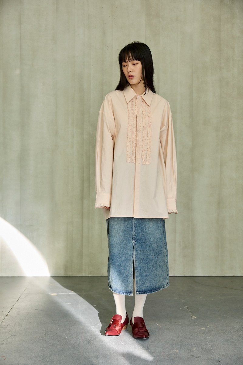 立体绉褶装饰衬衫 - 女装衬衫 - 棉．麻 粉红色