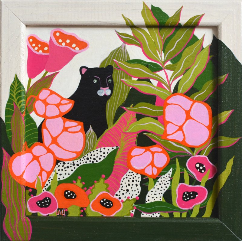 黑美洲虎原创丙烯画 15x15cm 黑豹丛林艺术 - 插画/绘画/写字 - 其他材质 绿色