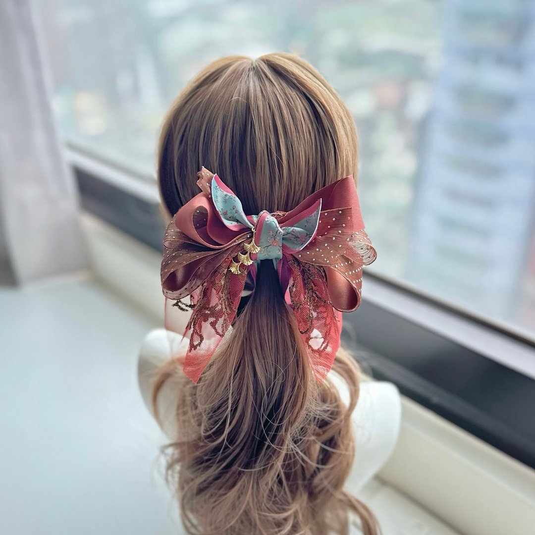 烫银点点纱蕾丝蝴蝶结相交夹香蕉夹仙女夹发夹 - 砖红色 - 发饰 - 其他材质 橘色