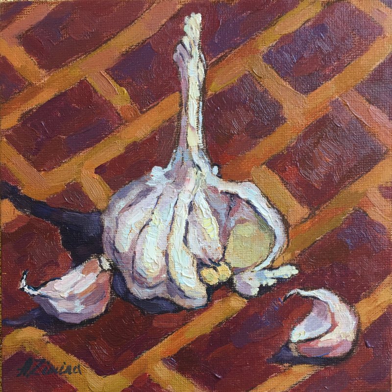 Garlic painting, original vegetable oil painting for kitchen, small oil painting - 海报/装饰画/版画 - 其他材质 多色