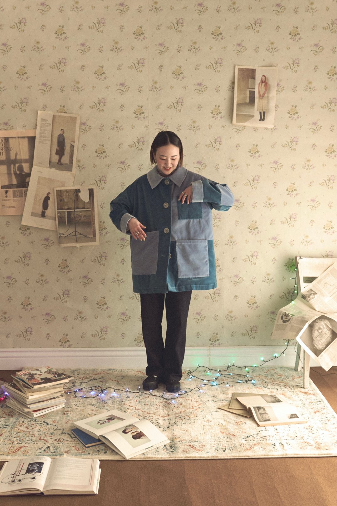 棉绒双色复古中长版外套 - 女装休闲/机能外套 - 其他材质 蓝色