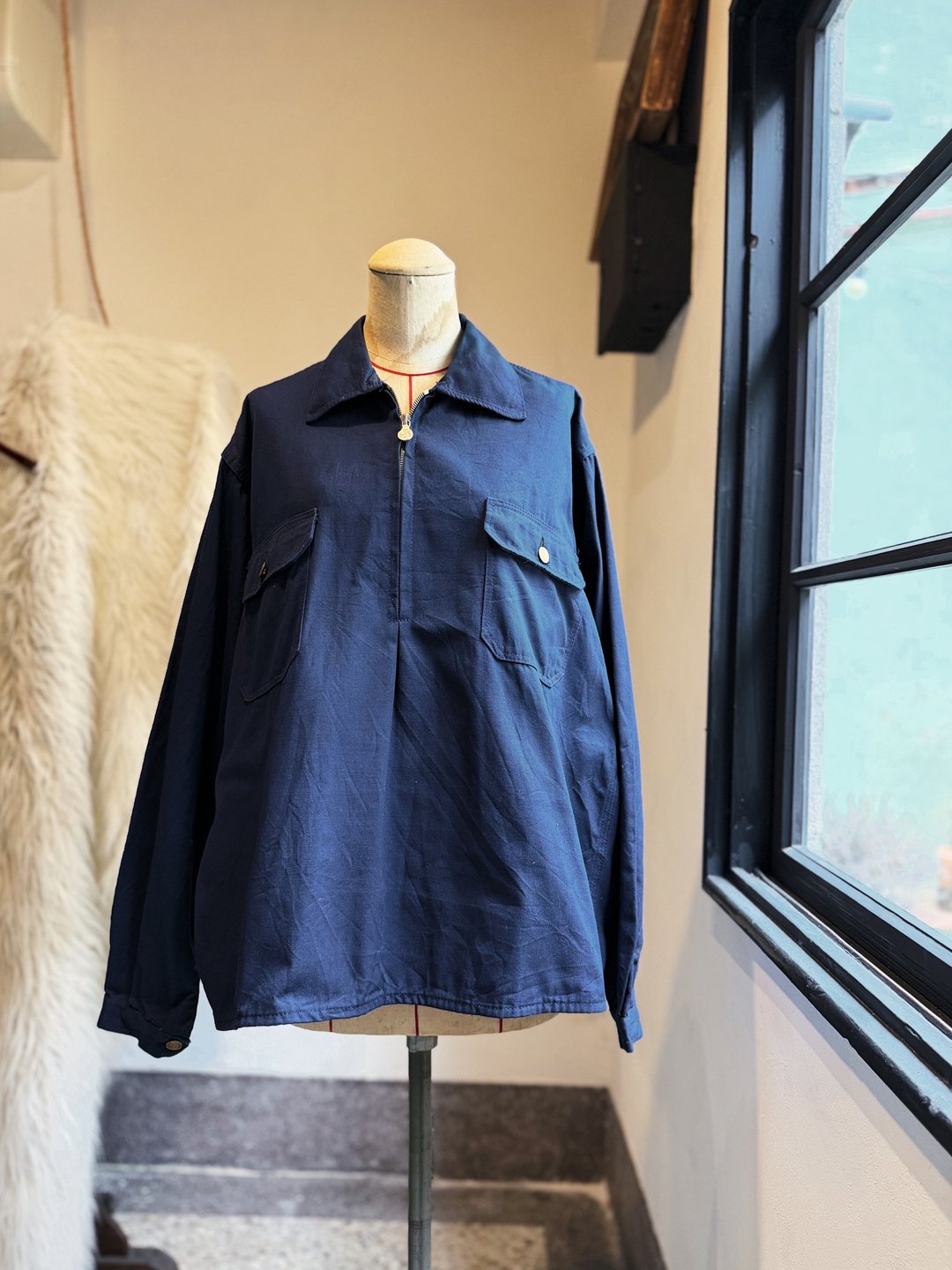 深蓝色半拉链式古着罩衫上衣 Frustrates Sweden work shirt - 女装上衣 - 棉 蓝色