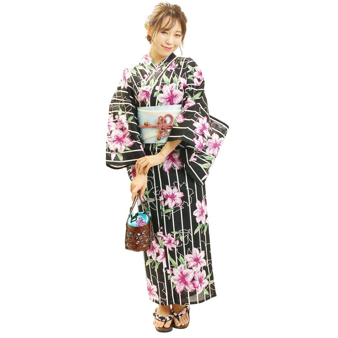日本 和服 梭织 浴衣 女性 浴衣 腰封 2件组 F Size x10-02 - 其他 - 棉 黑色