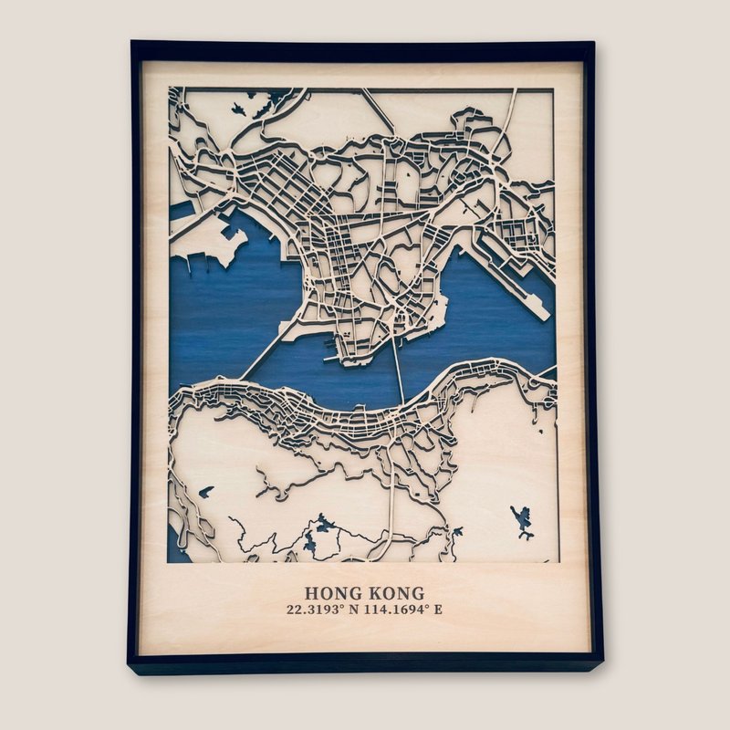立体香港路线地图连金属框(长形) - 海报/装饰画/版画 - 木头 咖啡色