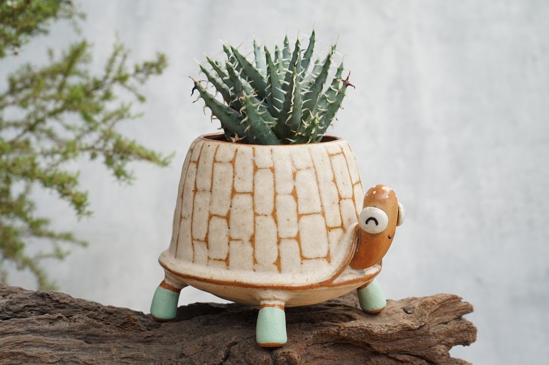 Turtle plant pot handmade ceramic - 花瓶/陶器 - 陶 咖啡色