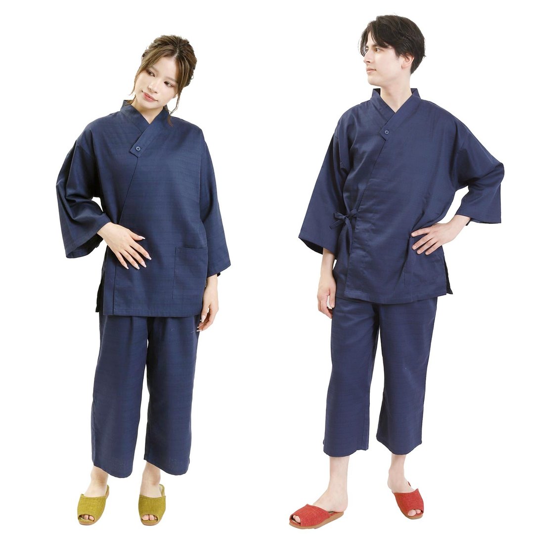 日本 和服 作务衣 套装 日式 休闲 室内服 甚平 睡衣 S/F/LL 深蓝 - 居家服/睡衣 - 棉 蓝色