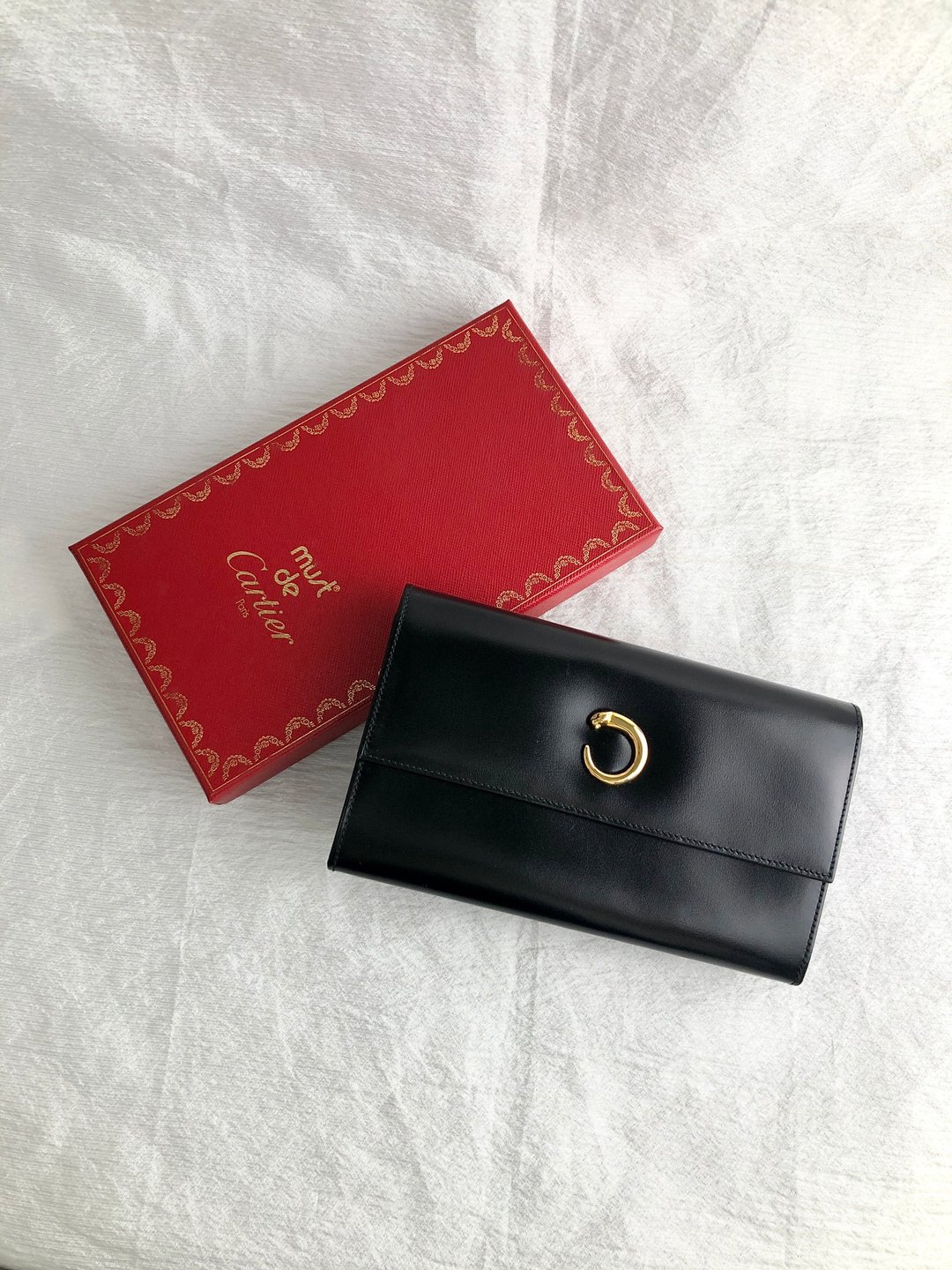 【 日本直送 名牌中古包 】Cartier 卡地亚 钱包 黑色 豹纹 皮革 三折钱包 vintage 古董 old wfic4i - 皮夹/钱包 - 真皮 黑色