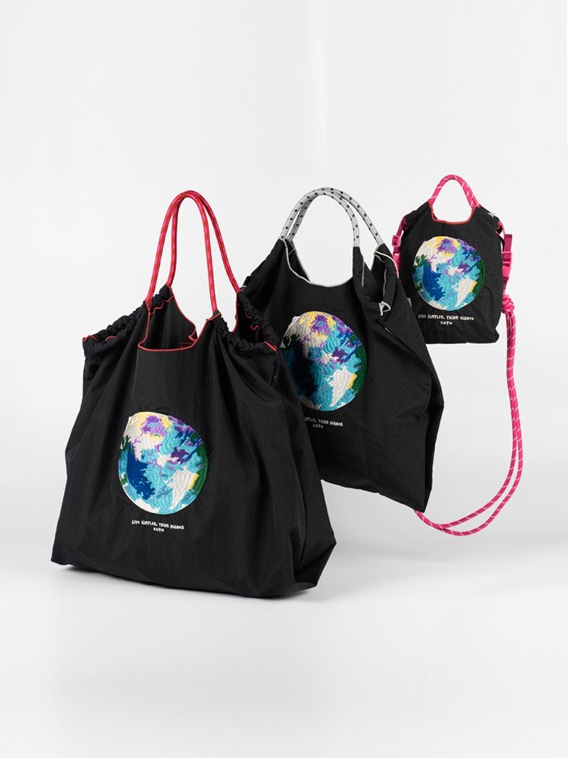 EOFO环保袋地球潮酷大容量休闲手提单肩包刺绣慵懒松弛感港风穿搭 - 手提包/手提袋 - 聚酯纤维 黑色