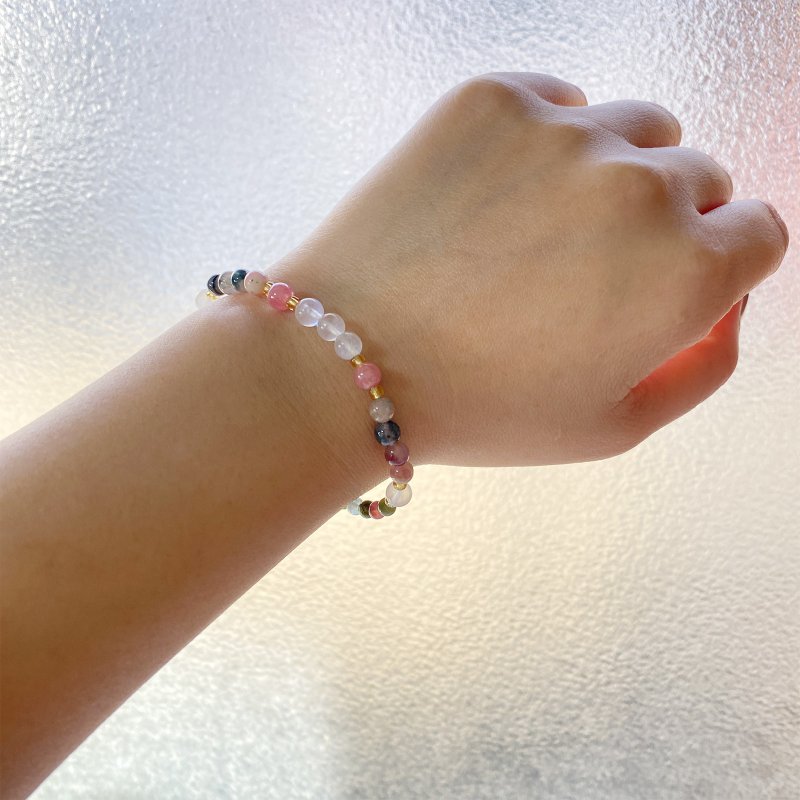红纹石 碧玺 月亮石 桃花运 天然水晶 日本手作 礼物 能量石手链 - 手链/手环 - 水晶 多色