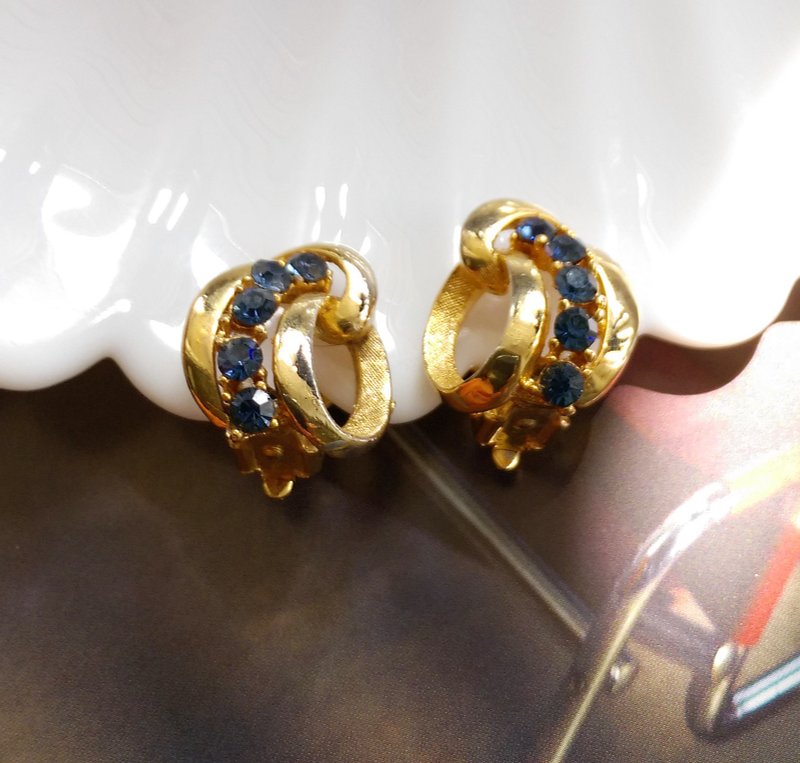 西洋古董饰品。深海蓝钻 优雅 夹式耳环 - 耳环/耳夹 - 其他金属 金色