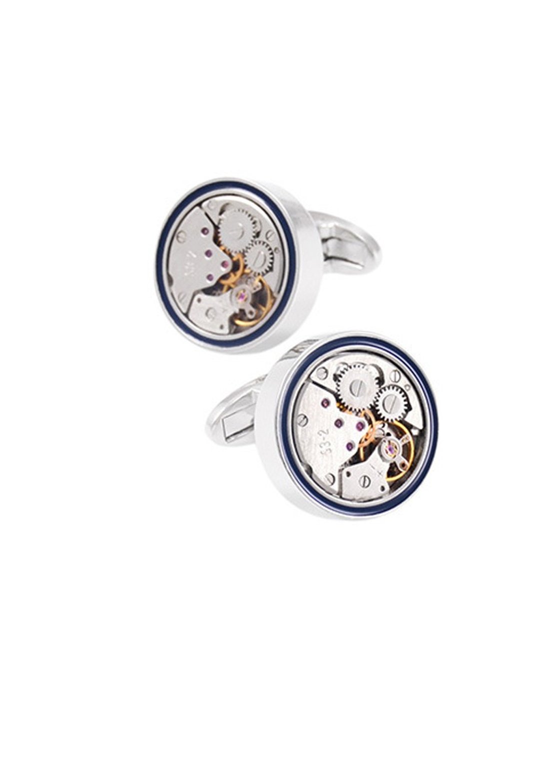 藍色邊圓形錶芯袖扣 Blue Line Mechanical Watch Cufflinks - 袖扣 - 其他金属 银色