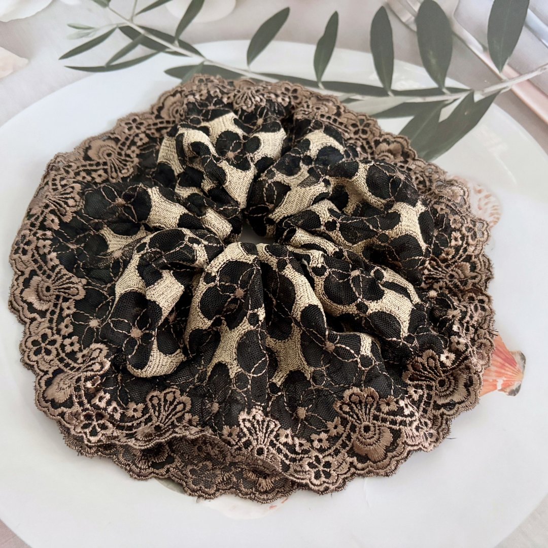法式刺绣蕾丝大肠圈/蓝黑条纹 发圈 大肠发圈 发束发饰头饰猪肠圈 - 发饰 - 其他材质 咖啡色